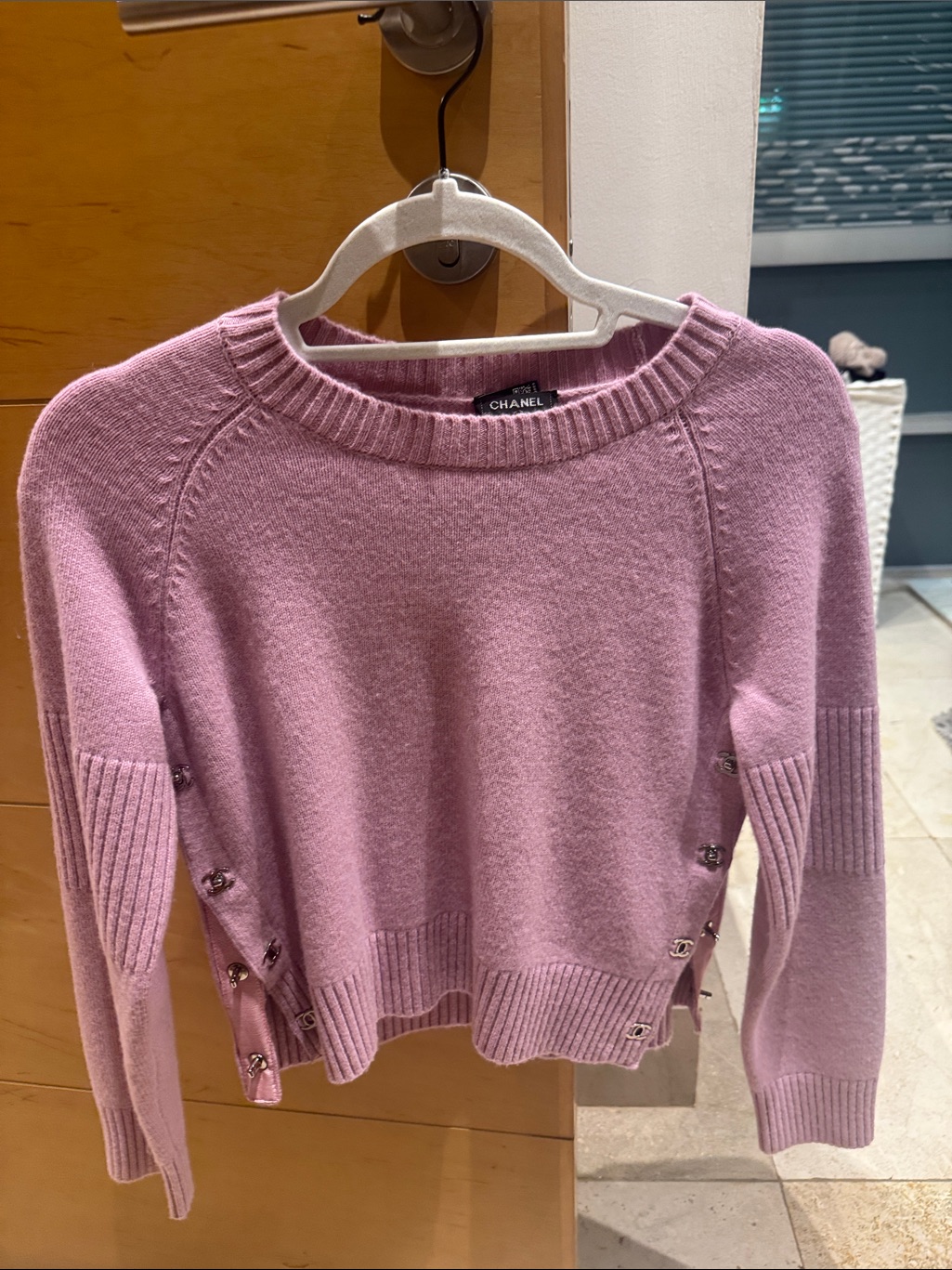 Chanel Pink Cashmere-Blend Crewneck Sweater With Side Button Accents